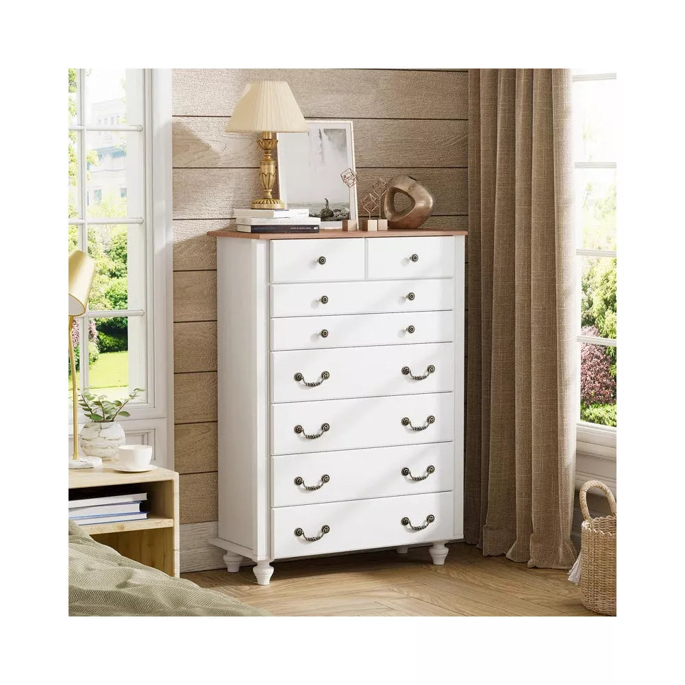PAKASEPT 43" Farmhouse 8 Drawers Dresser for Bedroom, Tall Wood Chest of Drawers with Vintage Handle for Bedroom, Living Room