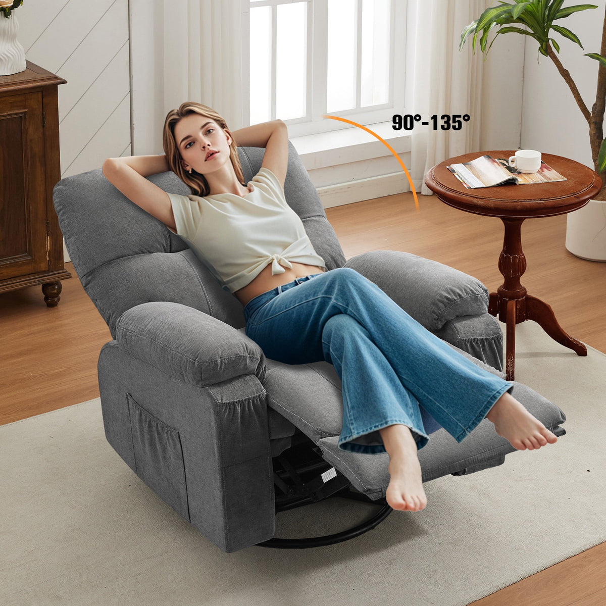 Segmart Swivel Rocker Recliner Chair with Soft Cushion and Backrest, 360 Degree Swivel Rocking Single Sofa with Side Pocket, Big Large Oversized Recliner Chair for Living Room, Gray