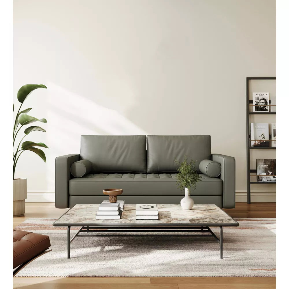 Tree City- 58" Upholstered Mid-Century Modern Faux Leather Square Arm Gray Sofa Loveseat