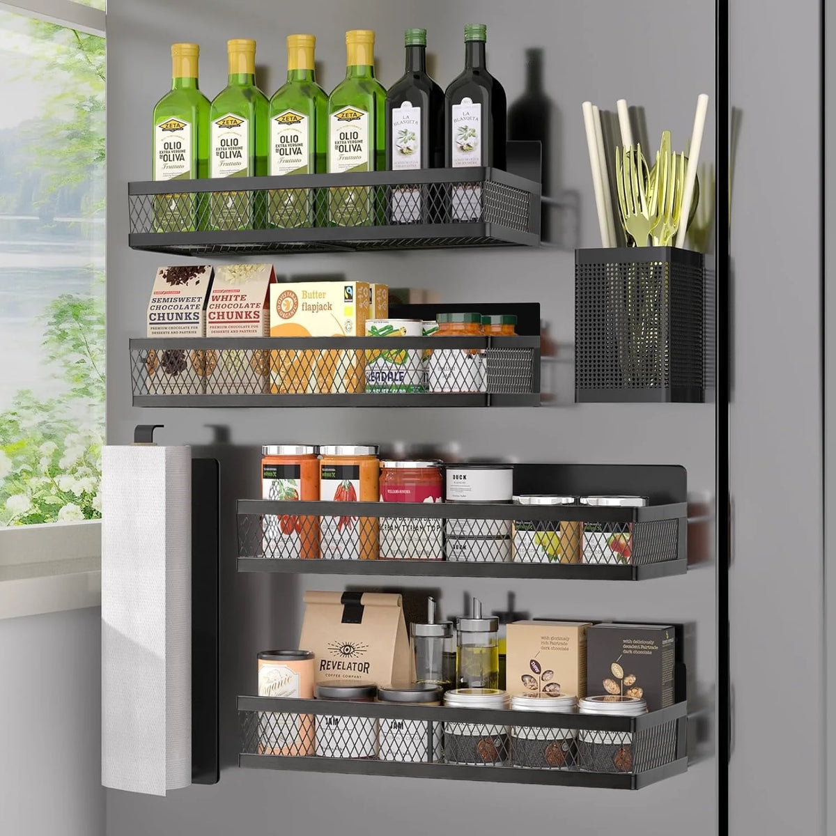 Magnetic Spice Rack Organizer, AOKIWO 6 Pack Moveable Fridge Spice Shelves for Refrigerator, Strong Magnetic Metal Refrigerator Shelf Organizer with Paper Towel Holder, Utensils Holder, Black