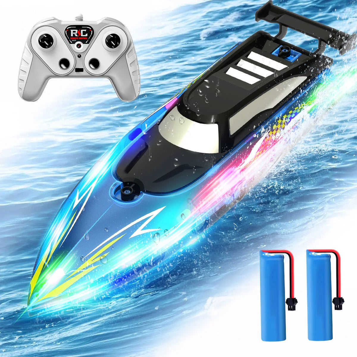 JoyStone RC Boat with LED Lights for Adults and Kids - 2.4Ghz Remote Control Boat for Pool and Lakes, 360°Flip Stunt Racing Boats, Gifts for 8-12 Boys Girls(Blue)