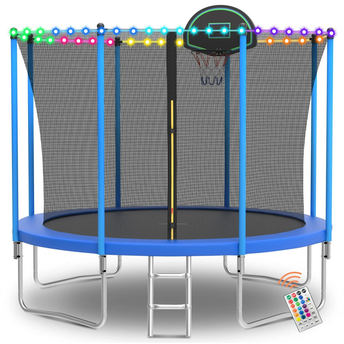 SEGMART 10ft Trampoline for Kids with Basketball Hoop, LED Lights and Enclosure Net/Ladder,Blue