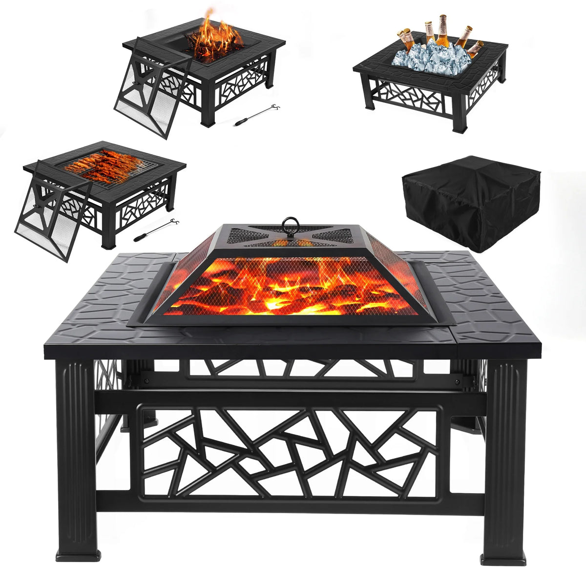 UHOMEPRO 32" Square Fire Pit Table, Portable Wood Burning Outdoor Firepit with Grill & Accessories, Geometric Design for Patio, Backyard, Camping (Black)