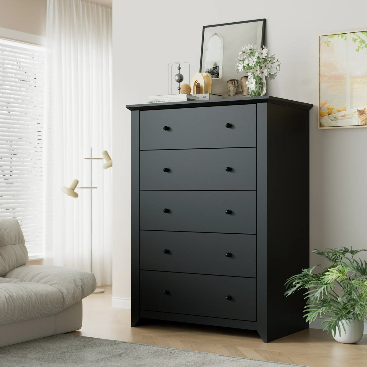 TrumanPick Black Dresser for Bedroom with 5 Drawers 47" Tall Chest of Drawers Wooden Dressers for Closet Living Room