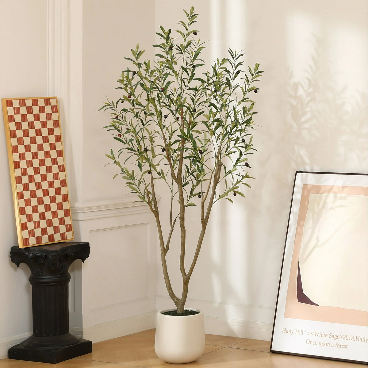 6ft Fake Plastic Olive Tree with Oval White Planter, Pre Potted Faux Greenry Plant for Home Decor Office House Living Room Indoor Outdoor, Big Fake Plants Fake House Plants