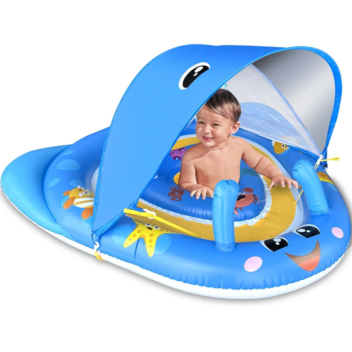 Ucradle Baby Pool Float with Canopy UPF50+ Sun Protection, 6-24 Months Inflatable Infant Swimming Ring with Adjustable Safety Seat