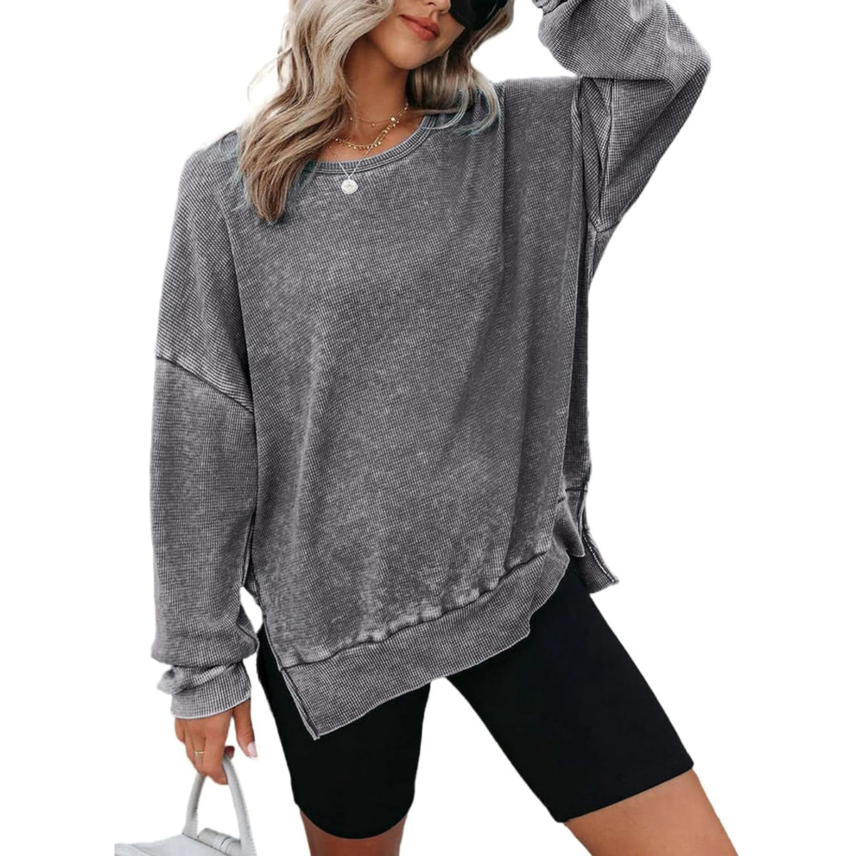 TEMOFON womens long sleeve tops Oversized Sweatshirts Waffle Knit Crew neck fashion Side Slits Casual Pullover Gray
