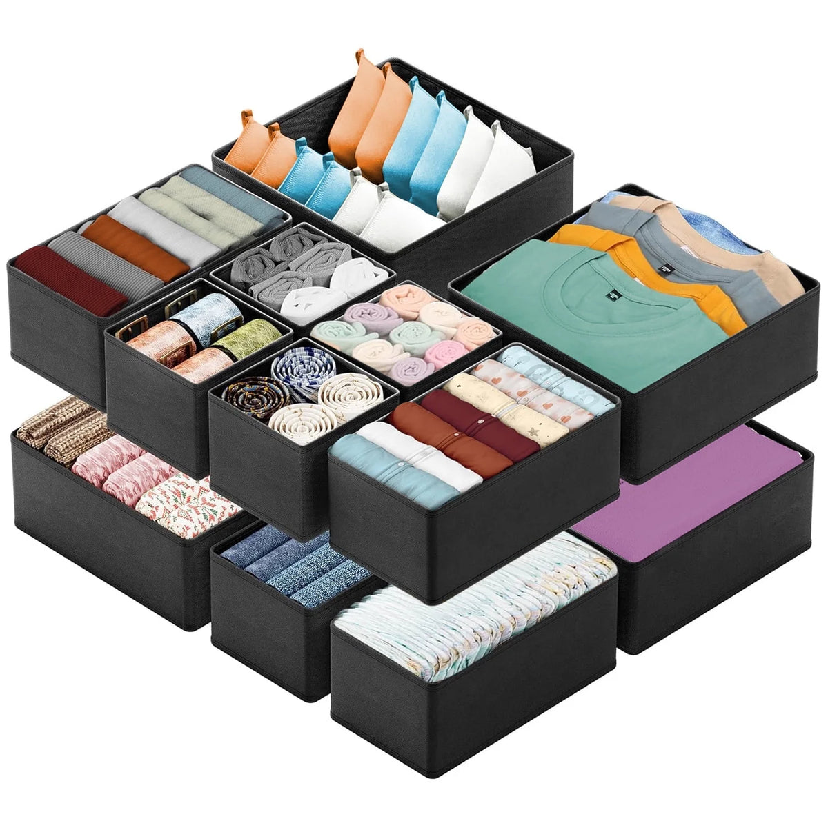 12 Pack Drawer Organizer Clothes, Dresser Organizer Bins for Nursery, Closet Organization and Storage Dividers for Clothing, Baby Clothes, Underwears, Socks - Black