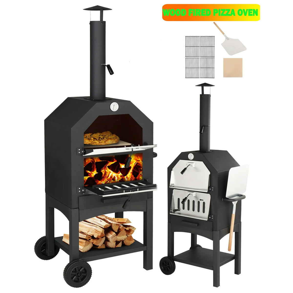 Freestanding Pizza Oven for Outside, Firewood Burning Pizza Maker Stove for Patio Camping Picnic, Portable Pizza Oven on Wheels with Pizza Stone, Peel, Grids, Grills, Thermometer