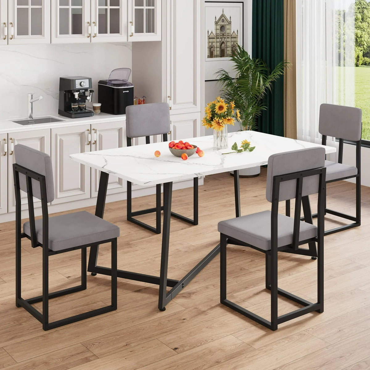 UHOMEPRO 5 Piece Dining Room Set, Modern Dining Table Set with Faux Marble Tabletop and 4 Velvet Upholstered Chairs for 4 Persons, Rectangle Kitchen Table Set Dining Set for Dining Room, White+Gray