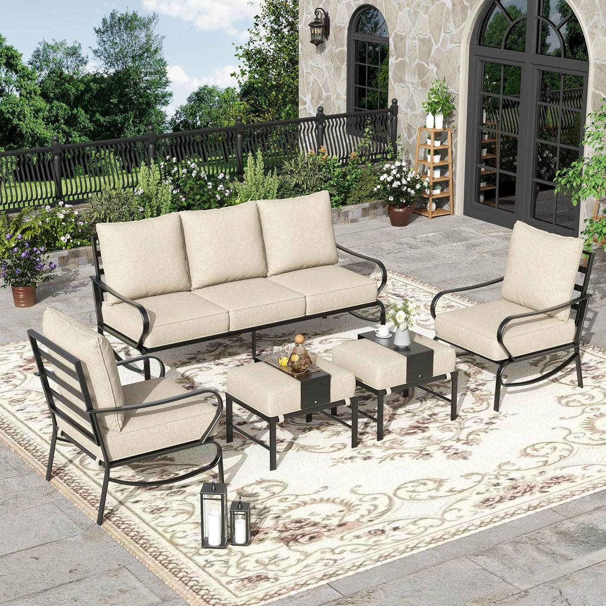 UDPATIO Patio Furniture Set,Metal Patio Furniture Sets,Beige Modern Outdoor Furniture,5 Piece Outdoor Patio Furniture with 5.75" Extra Thick Cushion for Backyard,Garden(Include Waterproof Covers)