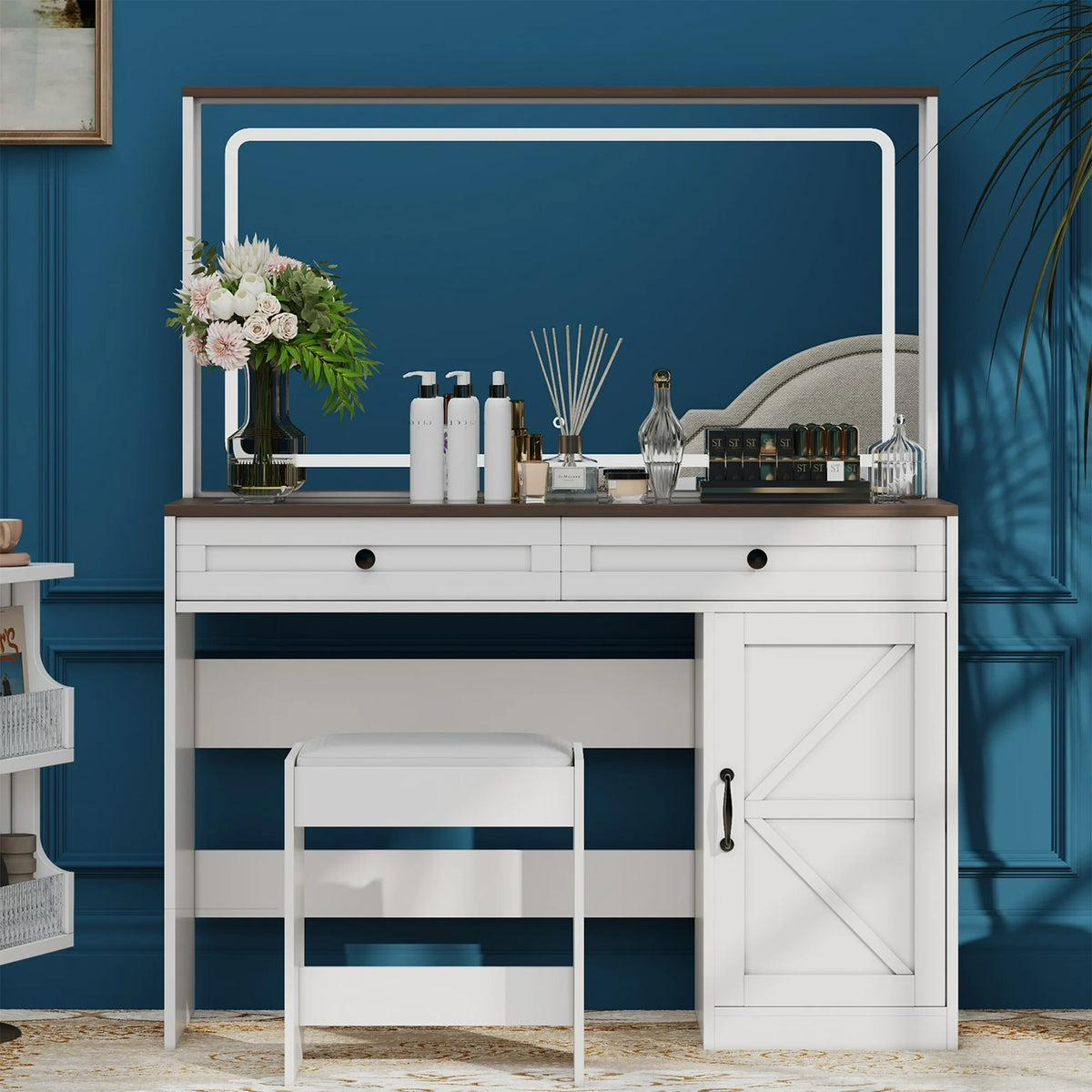 Vanity Desk with Mirror and Lights, PAPROOS Vanity Table Makeup Desk with 2 Drawers and 1 Cabinet, Large Mirror Vanity Set with Glass Table Top and Cushioned Stool for Bedroom, 43.3 Inch, White