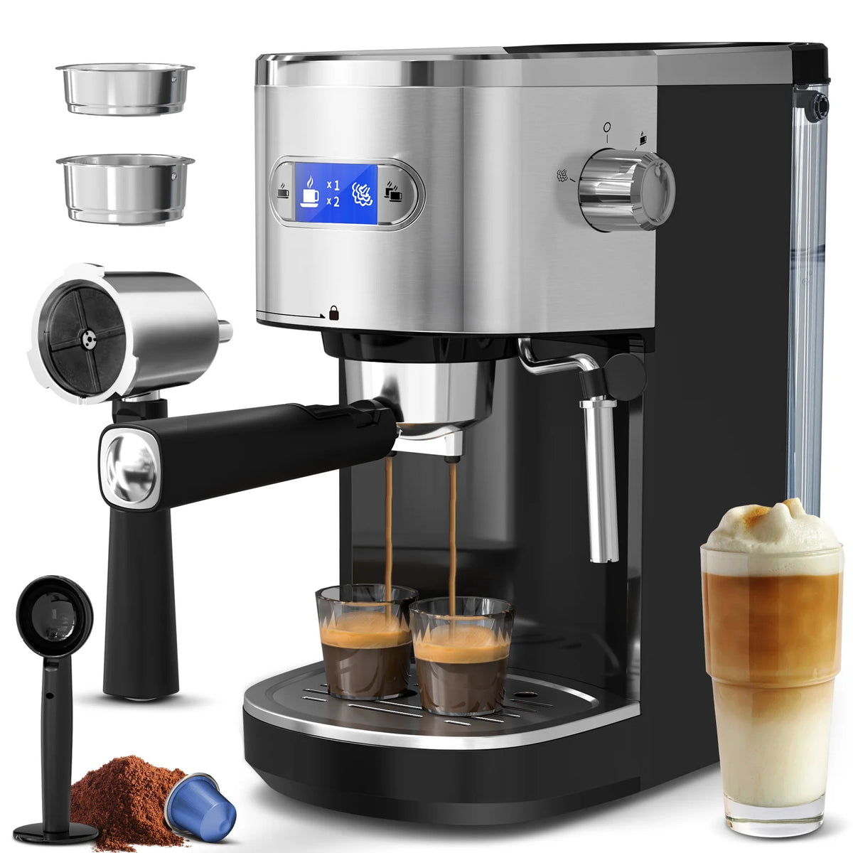 Auseo 20 Bar Semi-Automatic Coffee Maker, Steam Milk Foam for Home/Office/Cafe, Black