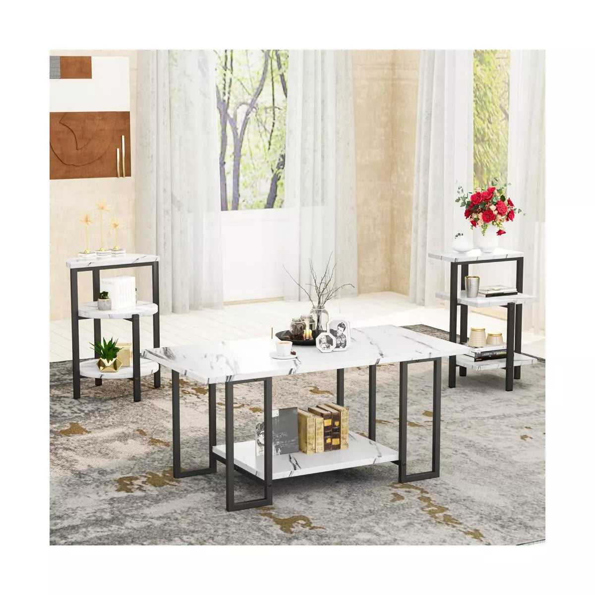 Hooseng 3 Pieces Coffee Table Set, Living Room Coffee Table with 2 End Side Tables Set and Metal Frame, Living Room Table Set
