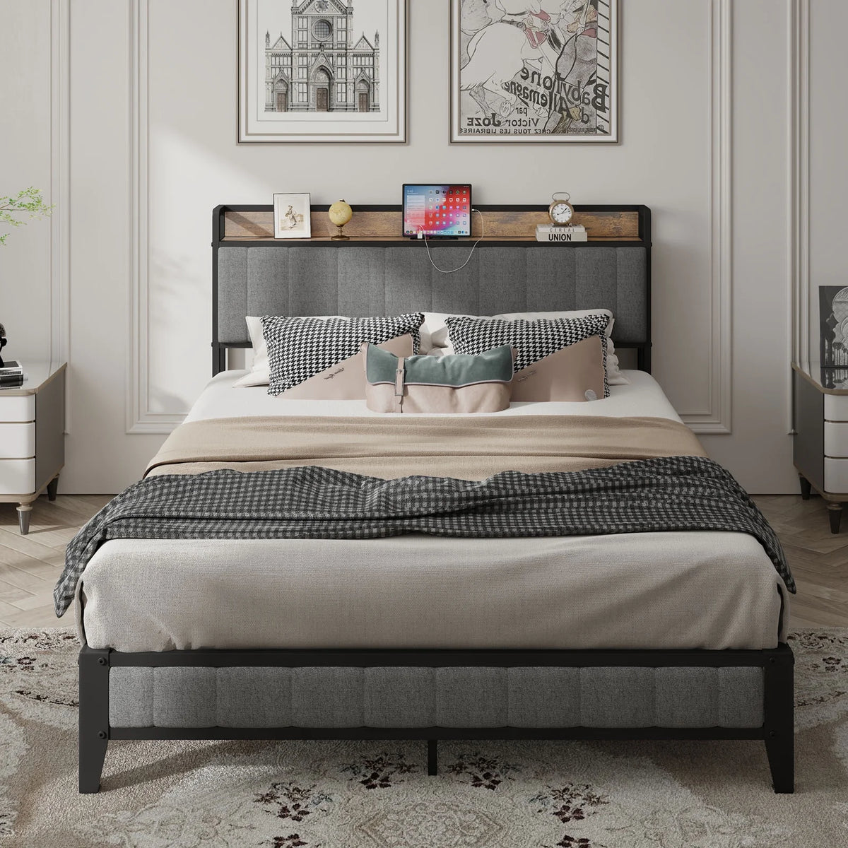 PAPROOS Full Bed Frame with Storage Headboard and Charging Station, Full Size Upholstered Platform Bed, No Box Spring Needed, Gray