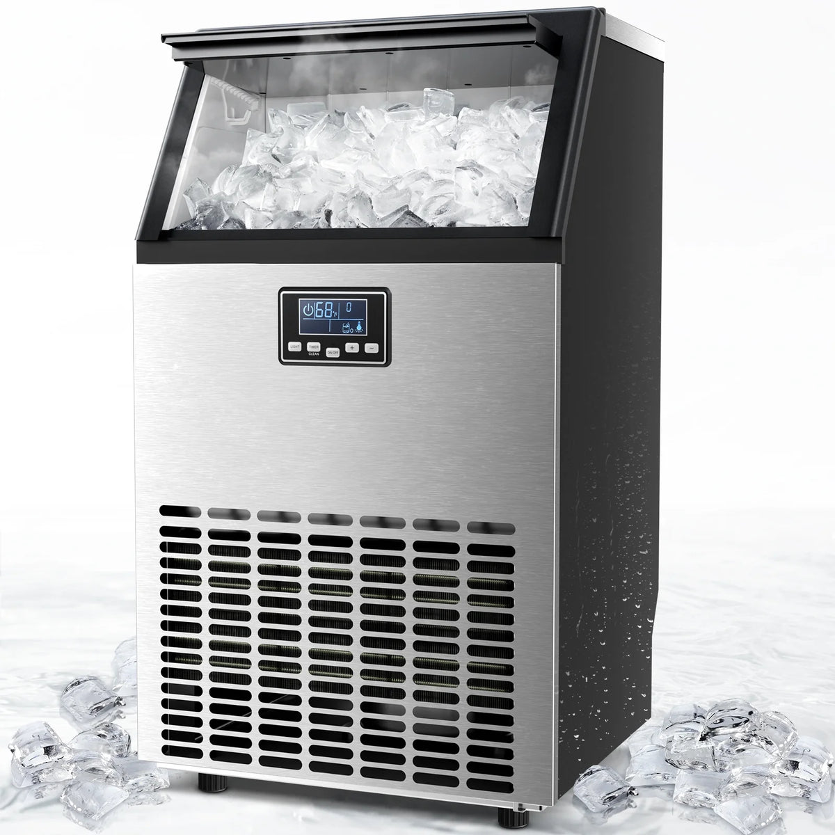 Auseo Commercial Crescent Ice Maker, 100Lbs/24H Stainless Steel, 64Pcs in 11-20 Mins, 2 Water Adding Modes, Companies/Families/Bars