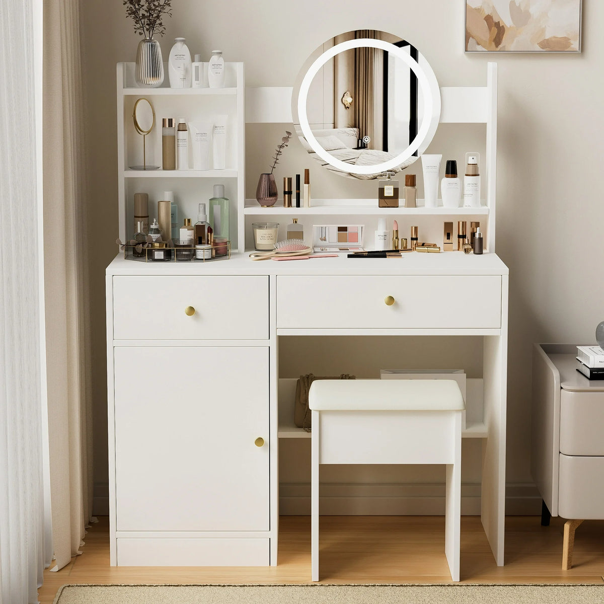 PORKISS Makeup Vanity, Wood Vanity Table Set with Mirror and Stool, 3 Lighting Modes Adjustable, Modern Vanity Desk with Cabinet, Drawers, Storage Dressers for Bedroom, White