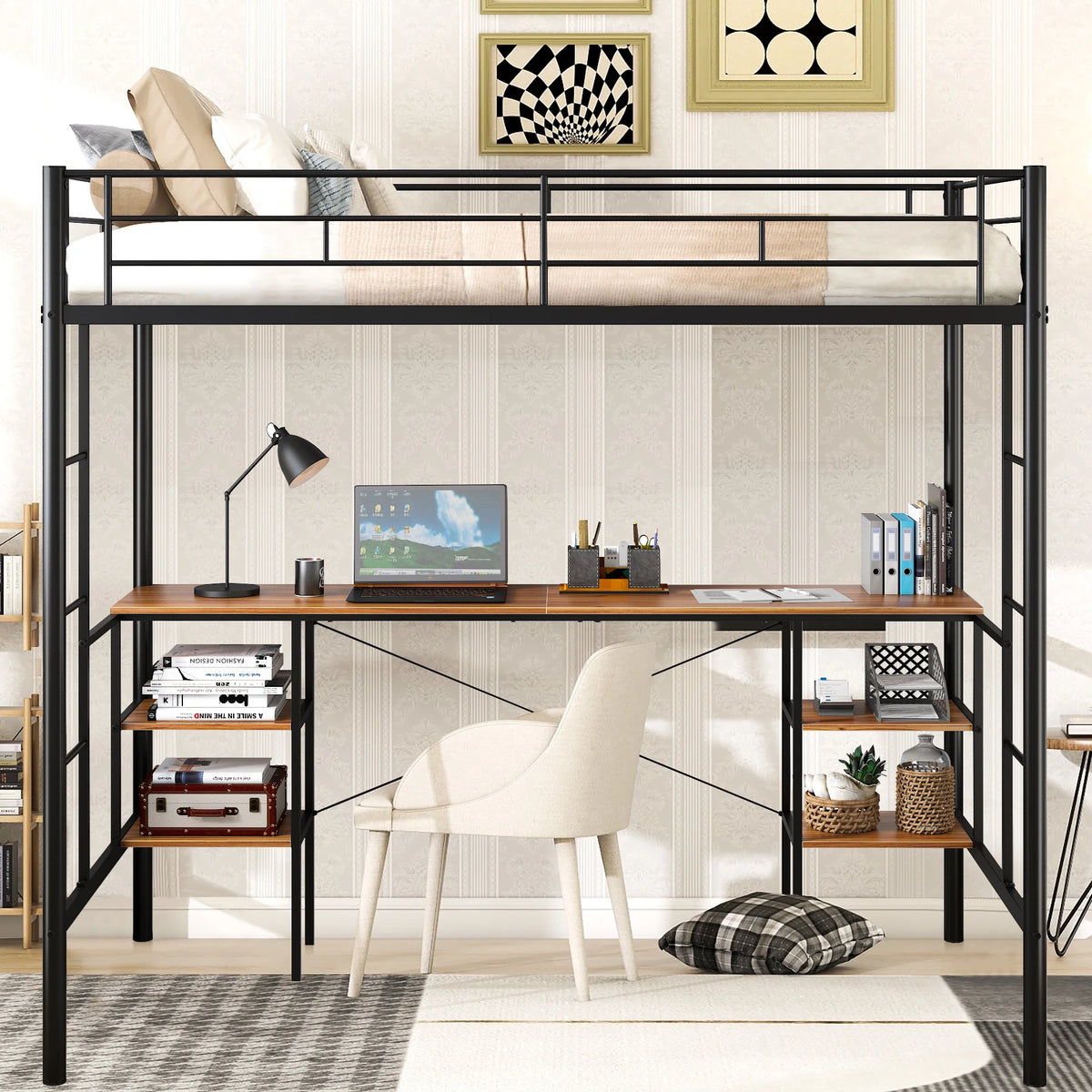 UHOMEPRO Twin Loft Bed with Desk, Metal Frame, 4 Storage Shelves, Ladders and Safety Rails, Black
