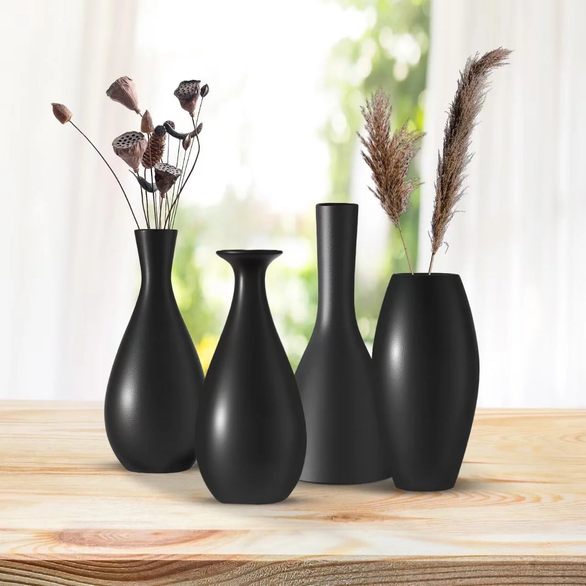 Black Ceramic Vases Set Of 4, Handmade Classic Matte Vases for Home Decor,Rustic Bud Vases Decorations for Table,Shelf,Office,Housewarming