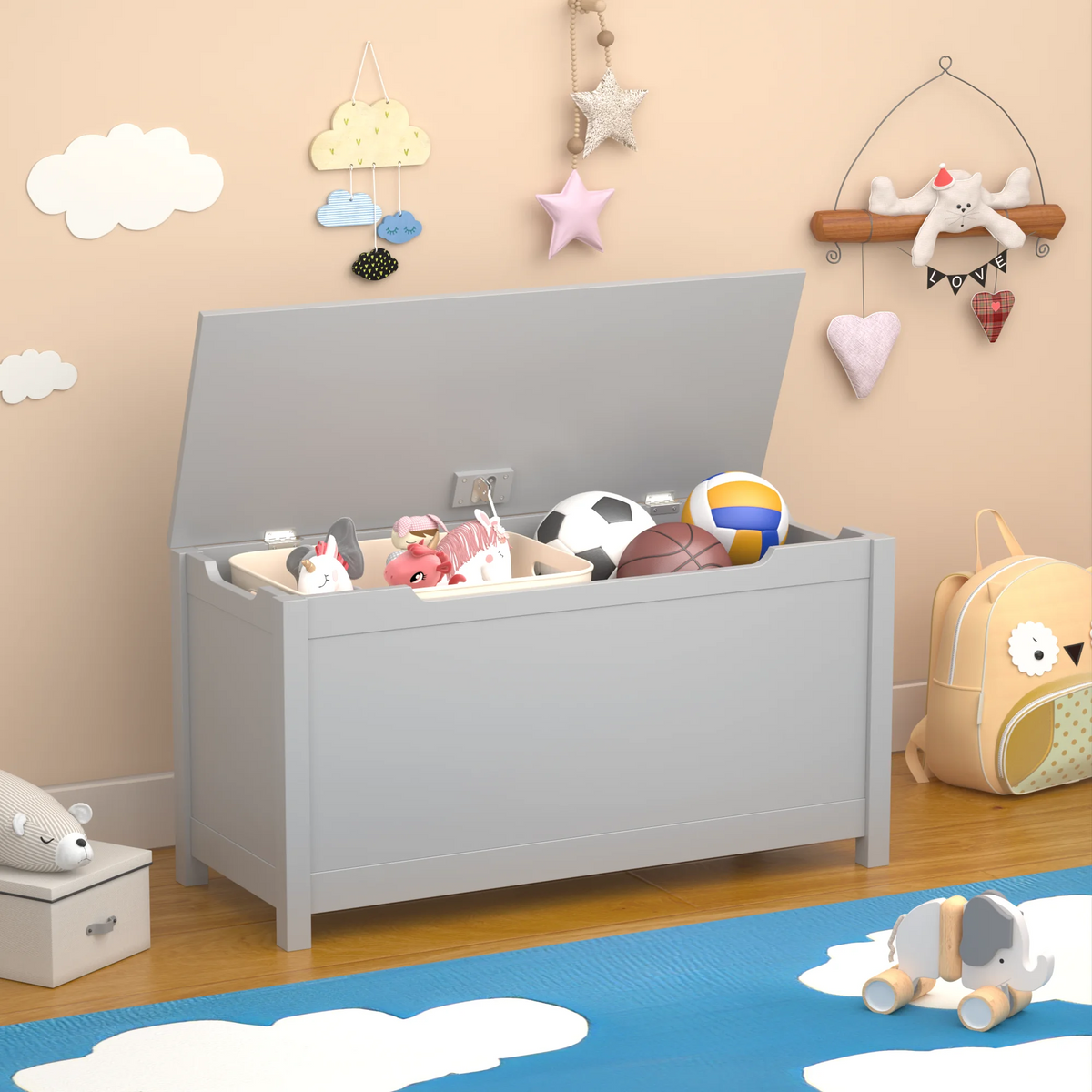PORKISS Toy Box for Boys Girls, Wooden Kids Toy Chest with Storage Bench and Safety Hinged Lid, Modern Toy Storage Organizer for Living Room, Bedroom, Toddler Room, Gray