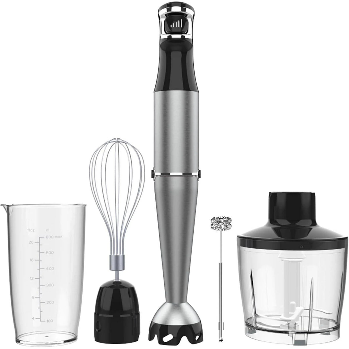 Immersion Handheld Blender, AOKIWO 5 in 1 Hand Blender with Stainless Steel Blade, 6 Variable Speed Stick Blender with Beaker, Chopper Bowl, Whisk Frother for Smoothies, Soup, Baby Food