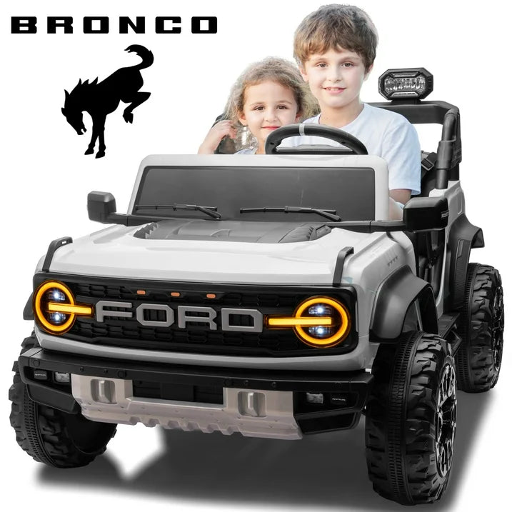 Licensed Ford Bronco Raptor 24V Kids Electric Car, 2-Seater Ride On Car for Ages 3-10 with Parent Remote Control, 4.4MPH Max Speed, 130lb Max Weight, Bluetooth Music, ASTM F963 Certified (White)
