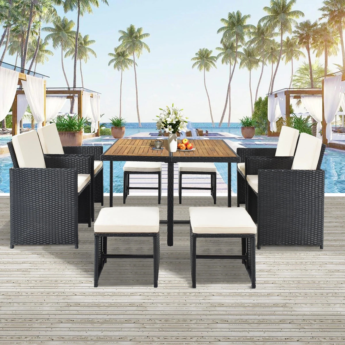 9 Piece Patio Furniture Dining Set, Outdoor Rattan Wicker Patio Dining Table Set, All-Weather Conversation Set with Ottoman for Garden Poolside Balcony