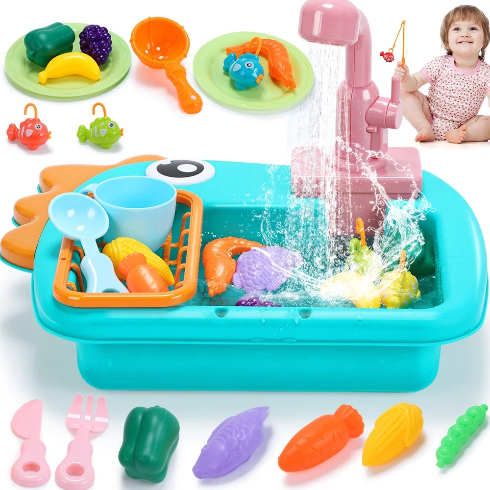 JoyStone Kitchen Play Sink Toys, Dinosaur Electronic Dishwasher Sink with Running Water, Fishing Game Toys and Play Food for Kids, Green