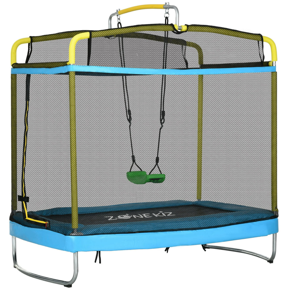 6FT Kids Trampoline with Horizontal Bar and Swing, Rectangle Toddler Trampoline with Enclosure Safety Net, 3-in-1 Outdoor Indoor Trampoline for Kids, Toddlers, Baby, Blue