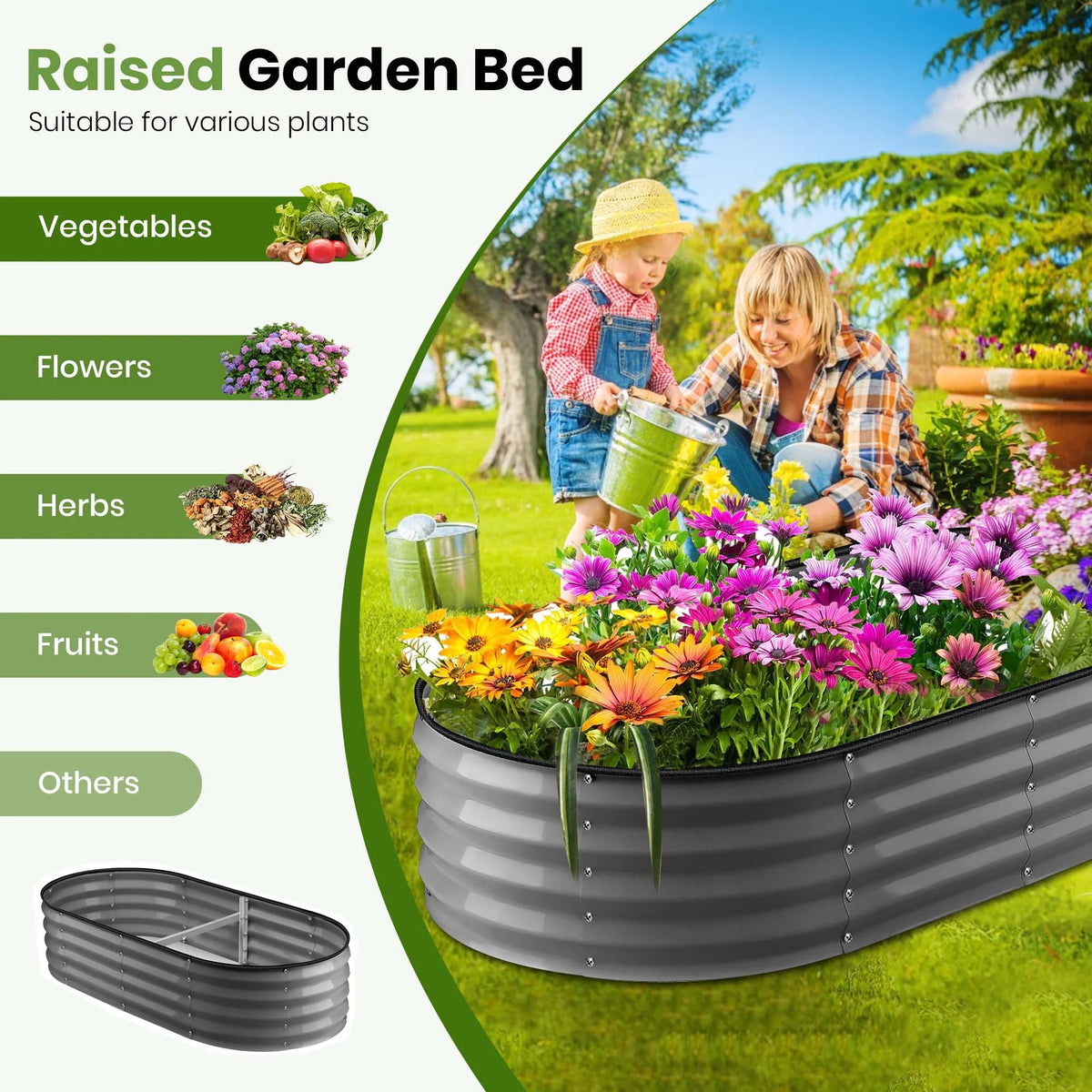 GVDV Raised Garden Bed Outdoor, 4x2x1ft Backyard Oval Metal Raised Bed with Easy Assembly, Garden Bed for Gardening Vegetables, Fruits, Flowers - Dark Gray