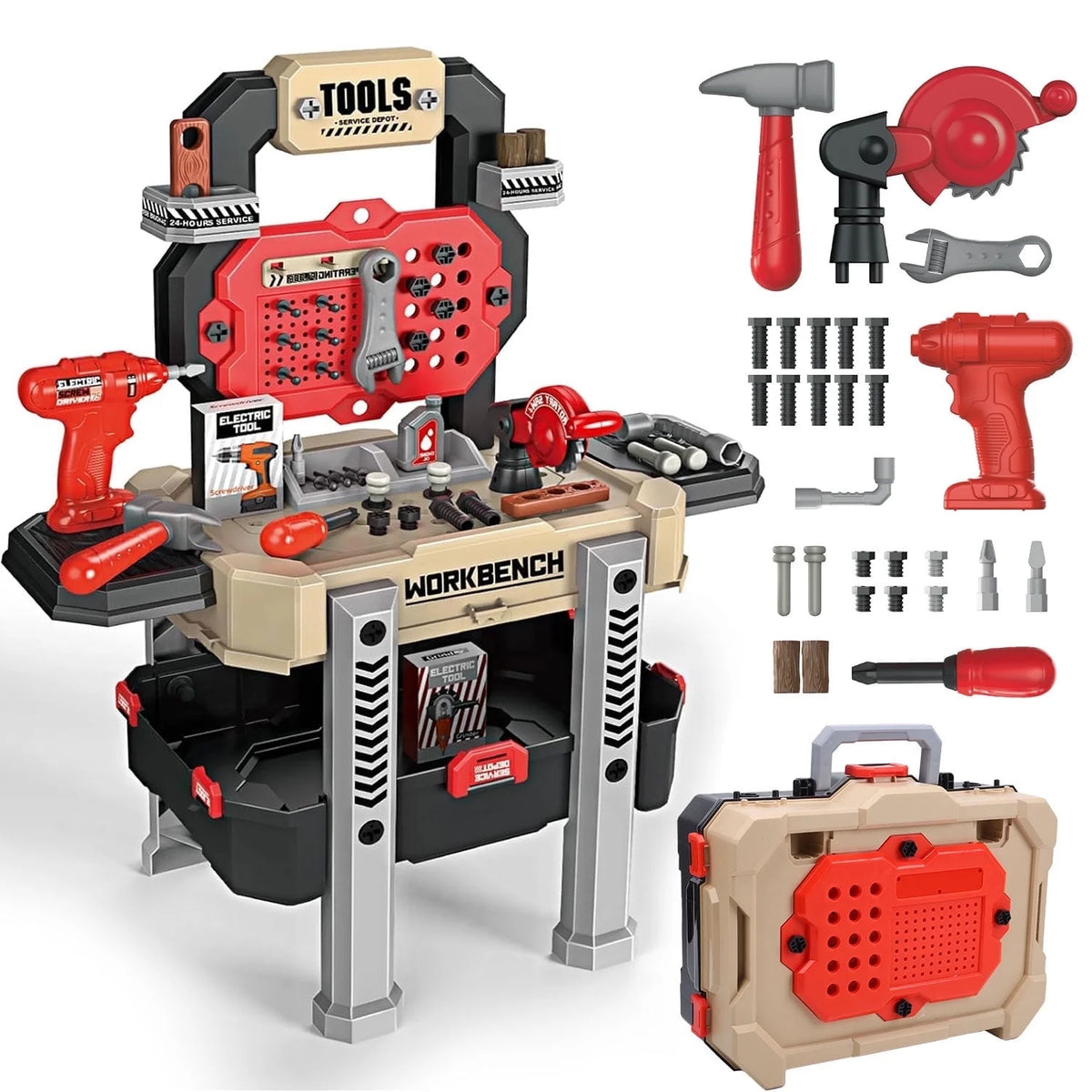 JoyStone 2 in 1 Kids Tool Bench Set, Pretend Play Tool Bench for Kids with Tools, Electric Drill and Transformable Tool Set, Learning Gift for Boys & Girls Age 3-5, Red