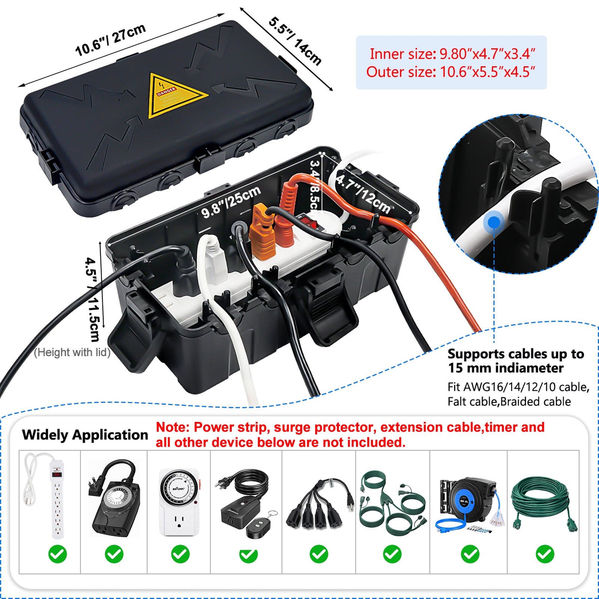 PhiloDeco Medium Outdoor Electrical Box (11.5*6.8*5 inch), IP54 Waterproof Extension Cord Cover Weatherproof, Protect Outlet, Plug, Socket, Timer, Power Strip, Holiday Light Decoration, Black