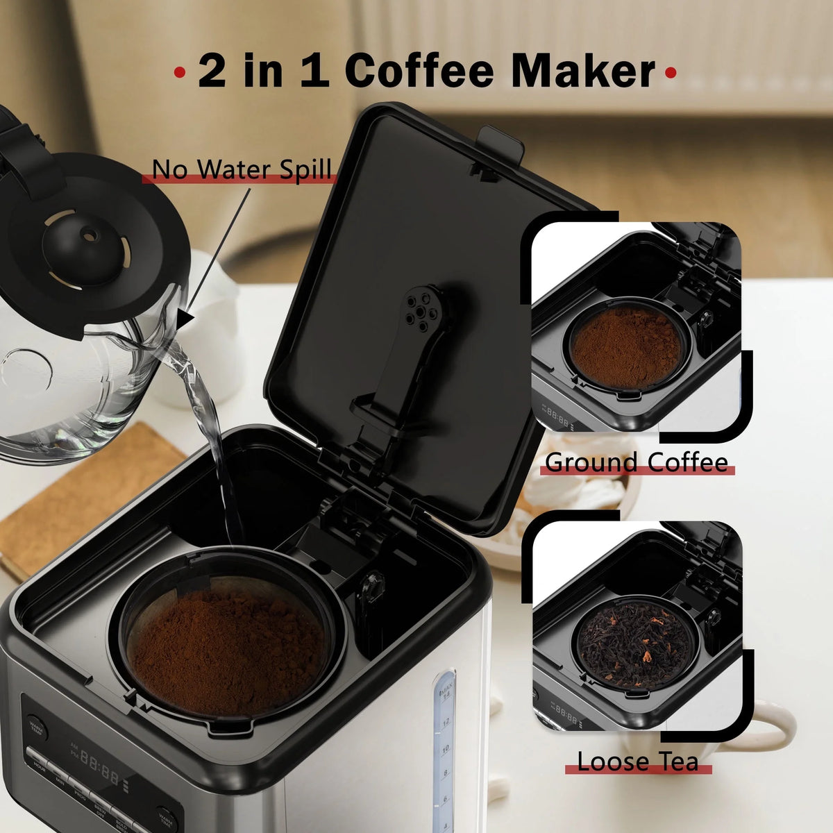 Moifoi 14-Cup Stainless Steel Programmable Coffee Maker: 24H Scheduling, Self-Clean, Large Glass Carafe, Reusable Filter, for Home/Office