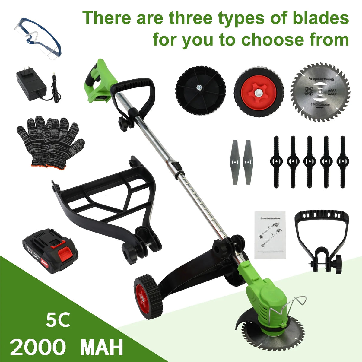 BAOKALER Electric Weed Eaters Cordless, Battery Powered Weed Wacker with Charger, Grass Trimmer with Supporting Wheels, Grass Cutting Machine with 1 Batteriy for Yard and Garden, Green