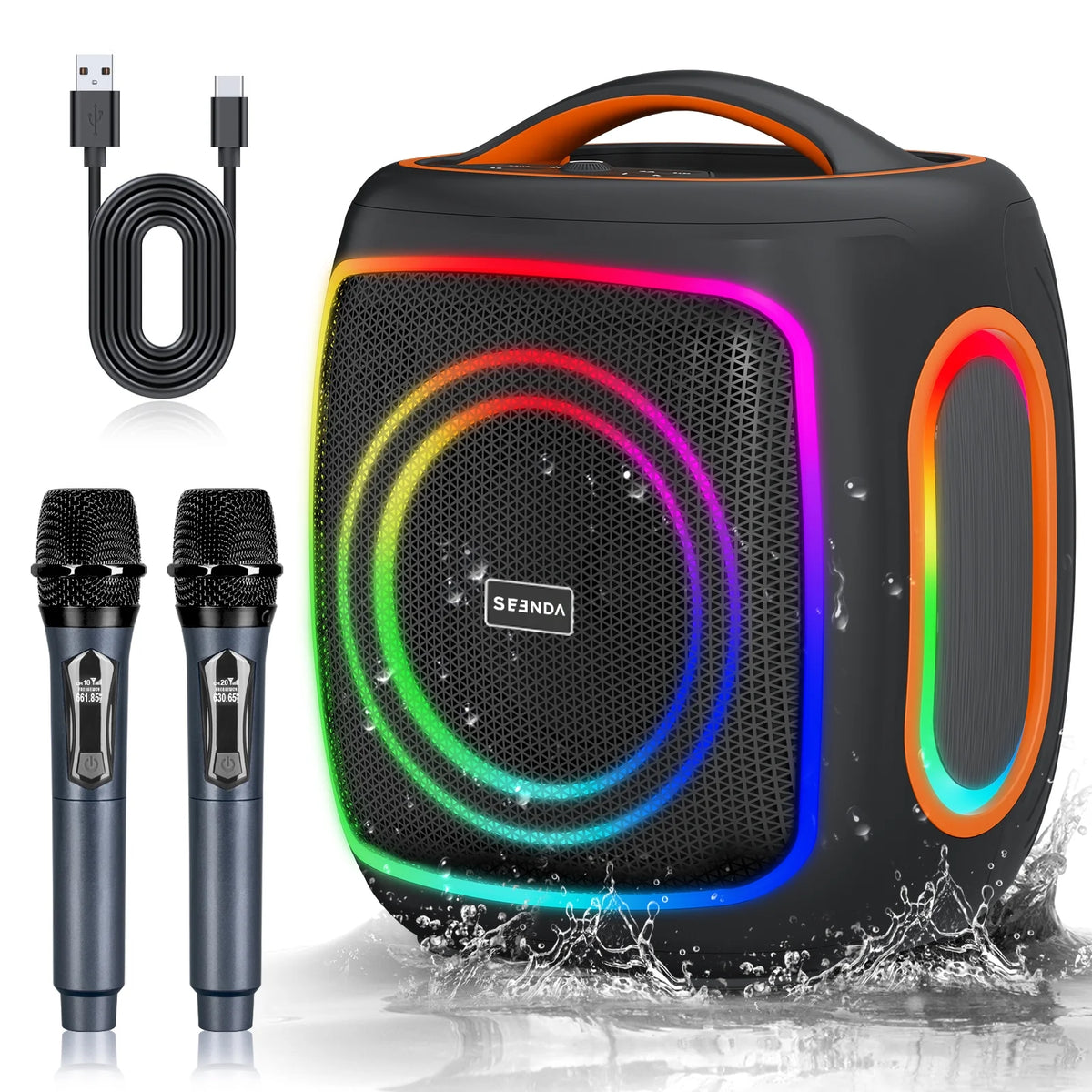 Seenda Karaoke Machine with 2 Wireless Microphones, Bluetooth, Double 6.5 1.5 Tweeter Speakers, IPX5 Waterproof, and RGB Lights – Portable PA System for Indoor Outdoor Parties