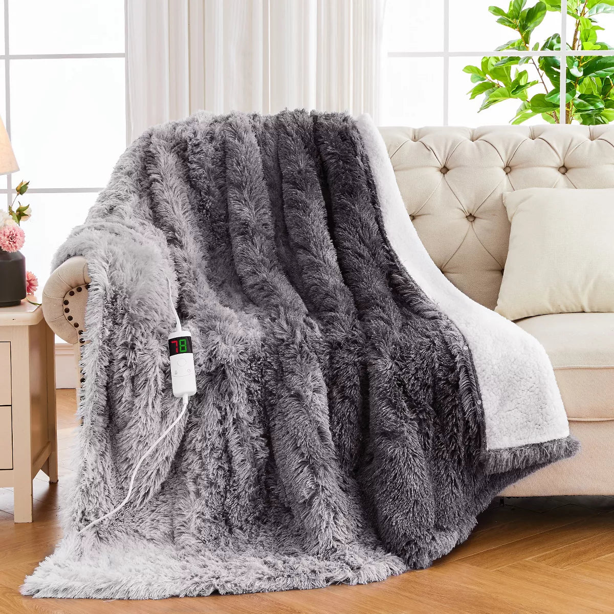 Inhand Heated Blanket Electric Throw - 50"x60" Gradient Gray Flannel Heating Blanket Throw Auto-Off 10 Heat Level Over-Heat Protection