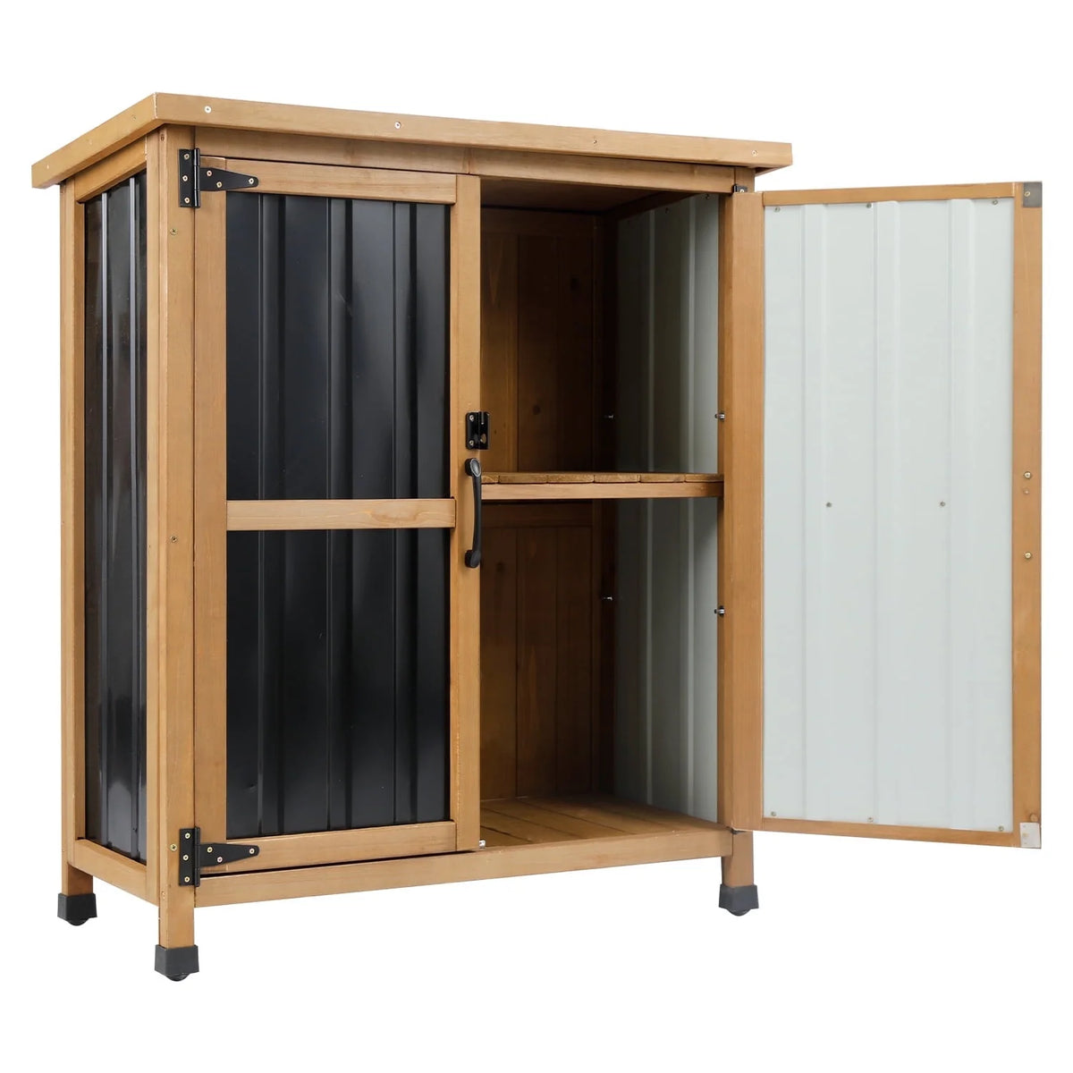 PETSCOSSET Outdoor Storage Cabinet Wood & Metal Small Storage Shed Waterproof Roof, Double Lockable Doors Garden Shed with Removable Shelves for Patio, Garden