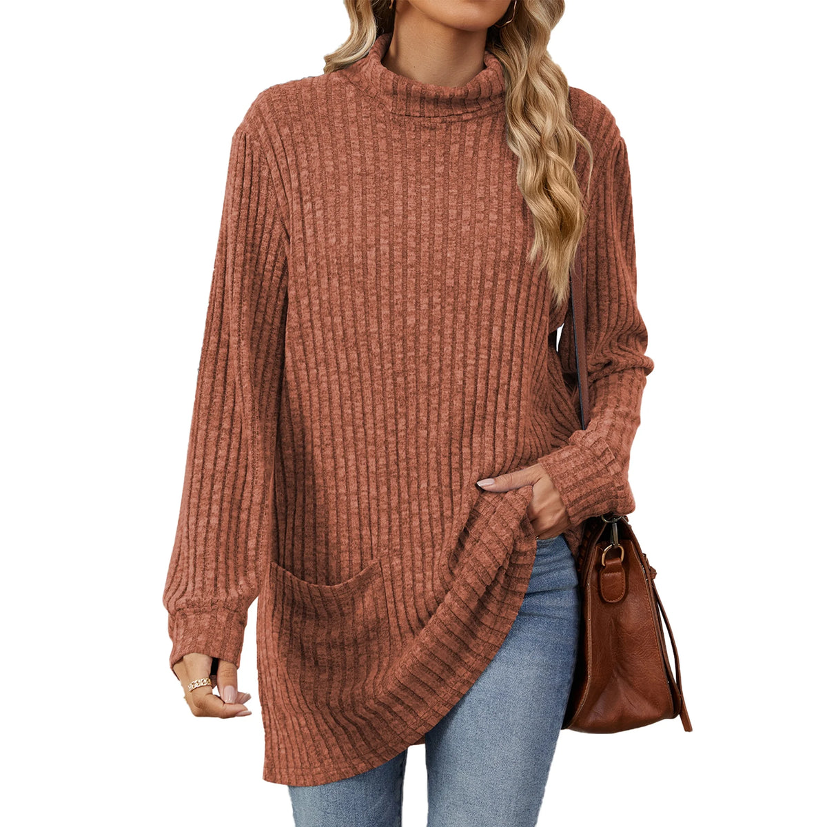 TEMOFON Sweaters for Women Long Sleeve Knit Tunic Tops Fall Casual Turtleneck Loose Fit Pullover with Pocket Size XL