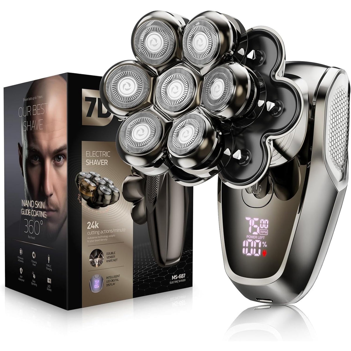 Vislone Head Shavers for Bald Men, 7D Detachable Head Shaver, LED Display, Dry Wet Bald Electric Razor, IPX7 Waterproof, Silver Gray