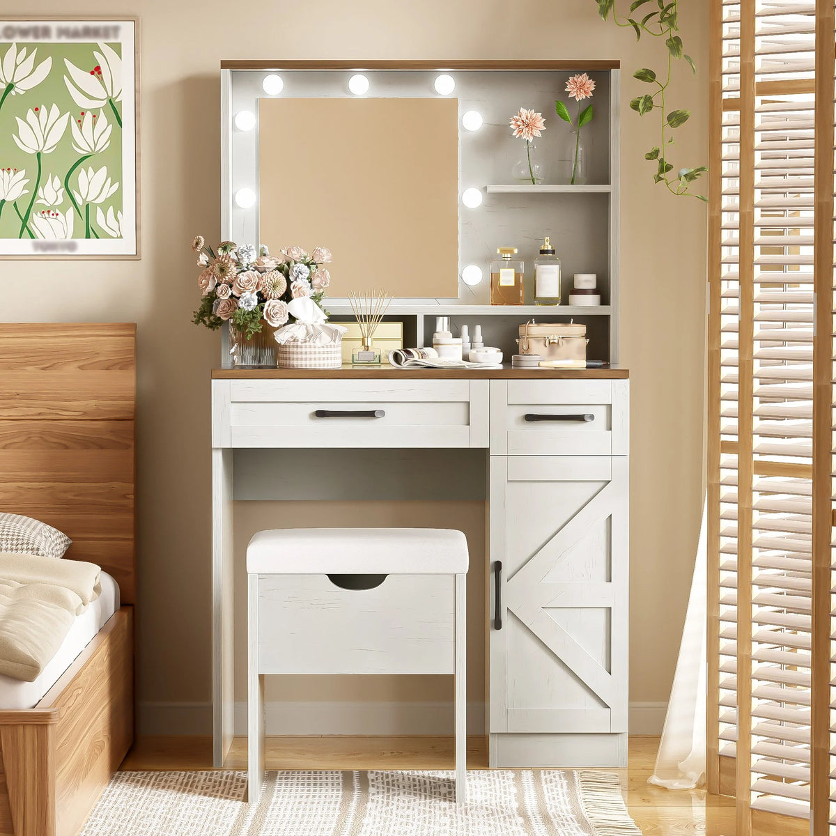 31.5" Makeup Vanity Desk with Mirror and Lights, 3 Lighting Modes, Vanity Set with Stool, Dressing Table with Adjustable Shelves,2 Drawers and Side Cabinet for Bedroom, White