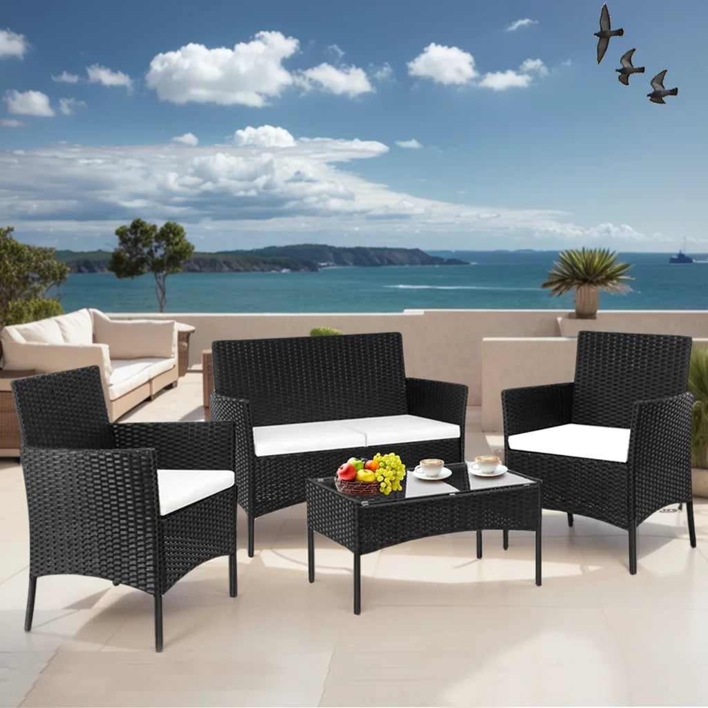Outdoor Patio Conversation Set, Segmart 4 Pieces Rattan Sofa Set Cushioned Sofa & Charis, Deck Porch Poolside Furniture Table Set for 4, Black