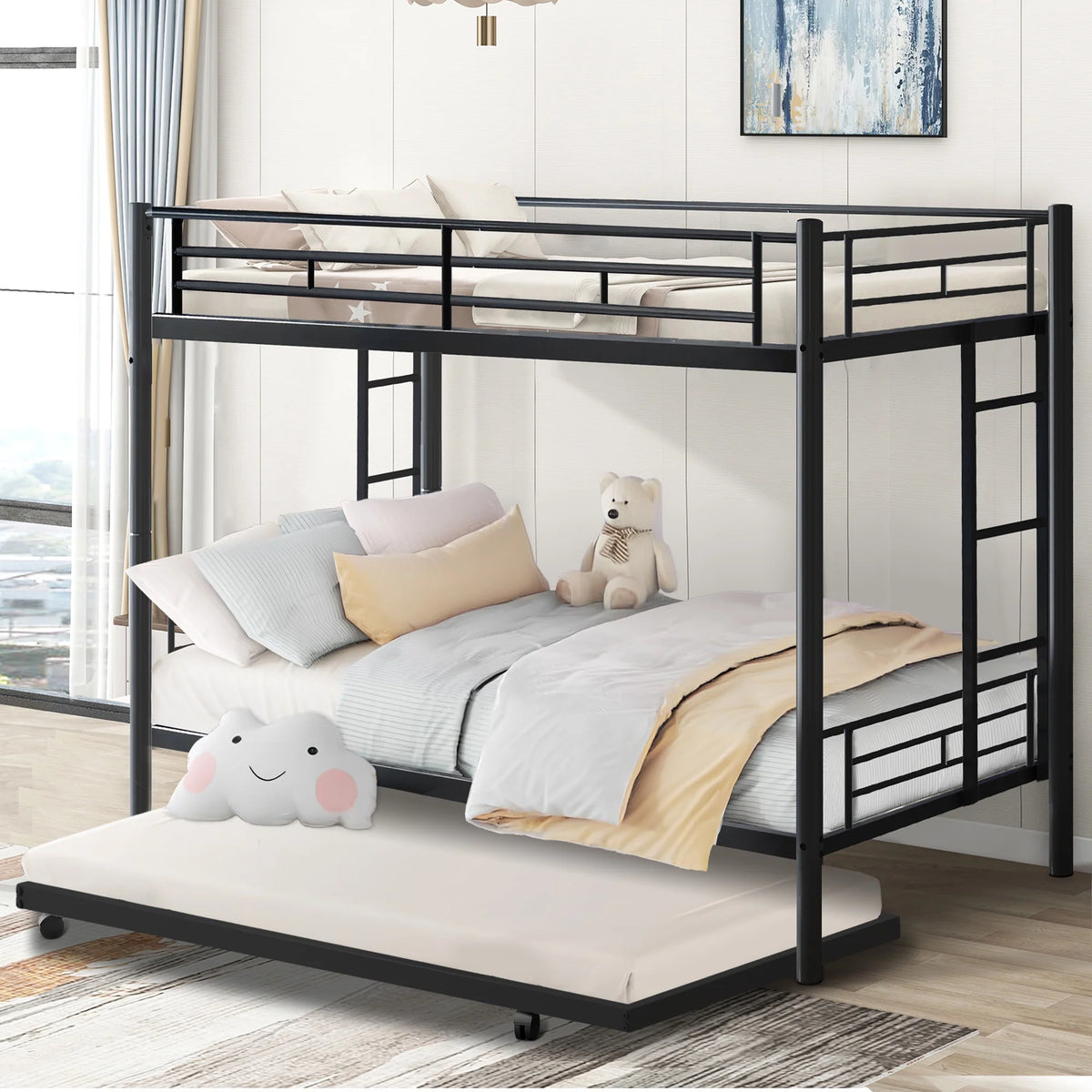 Twin Over Twin Bunk Bed with Trundle, Metal Twin Bed with Safety Guard Rail and Ladders, Space-Saving Design Sleeping Bedroom Bunk Bed for Boys, Girls, Kids, Young Teens and Adults, Easy Assembly, K92
