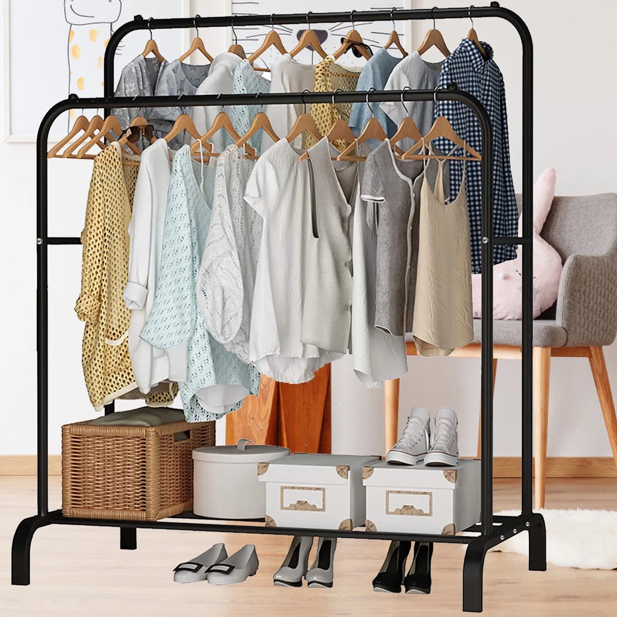 Homemart Clothes Rack without Wheels Double Garment Rack Rolling Rack for Indoor Bedroom Portable Closet 2-Pole Iron Clothes Hanger Rack Modern Garment Hanger Stand for Home