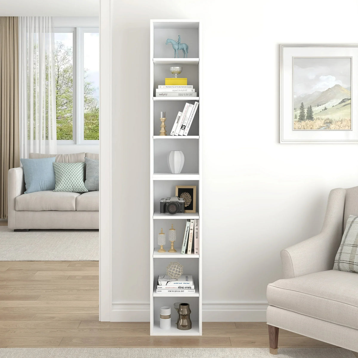 PORKISS 8-Tier White Bookshelf, Wood Open Display Bookshelf with Adjustable Shelves, Tall Narrow Bookcase with Slim Storage, Modern Media Tower Rack for Living Room, Home Office