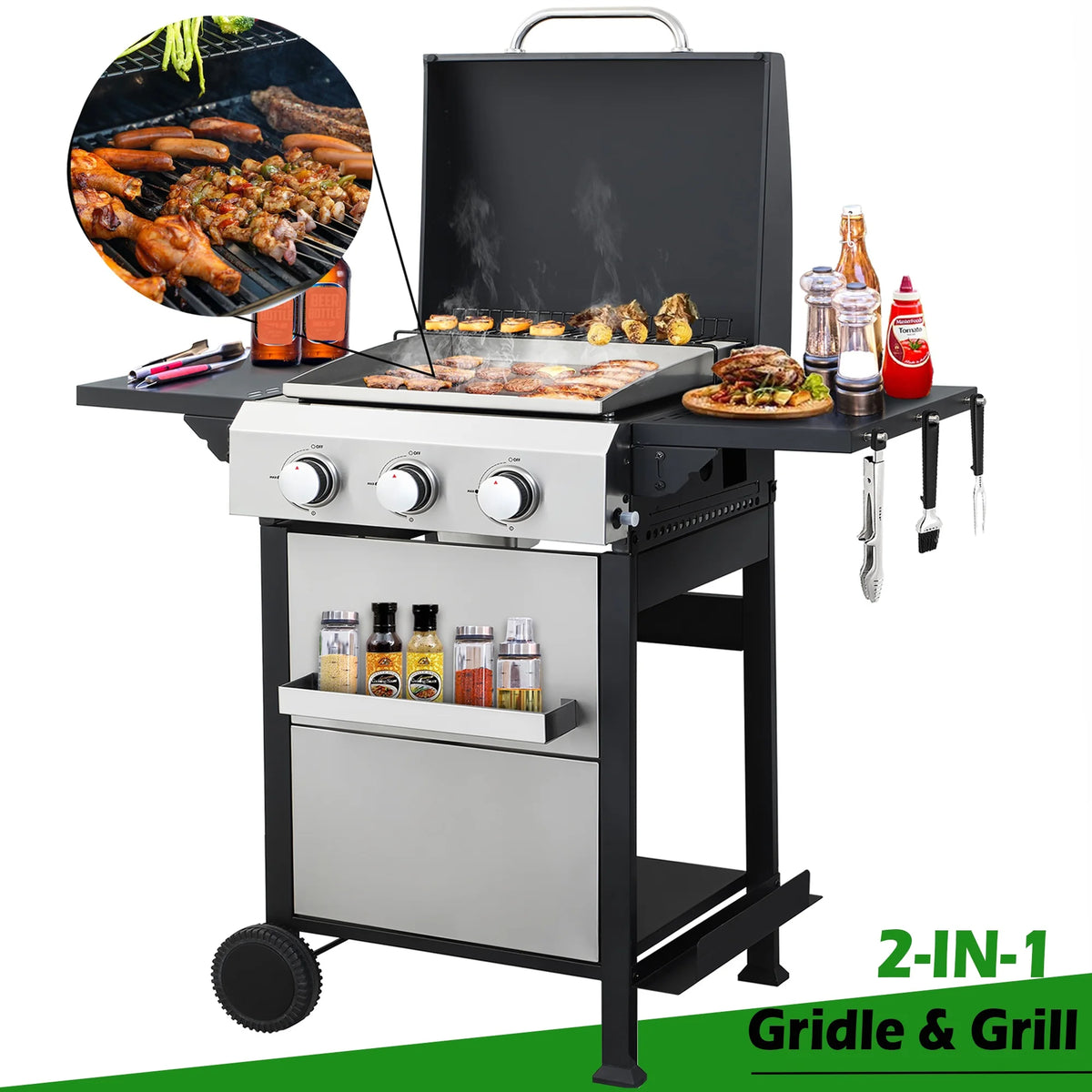 Seizeen 3-Burner Propane Gas Grill, Outdoor 2-IN-1 BBQ Grill & Gribble, Portable Combo Grills Stainless Steel, W/Two Foldable Shelves, Two Cooking Areas, Wheels