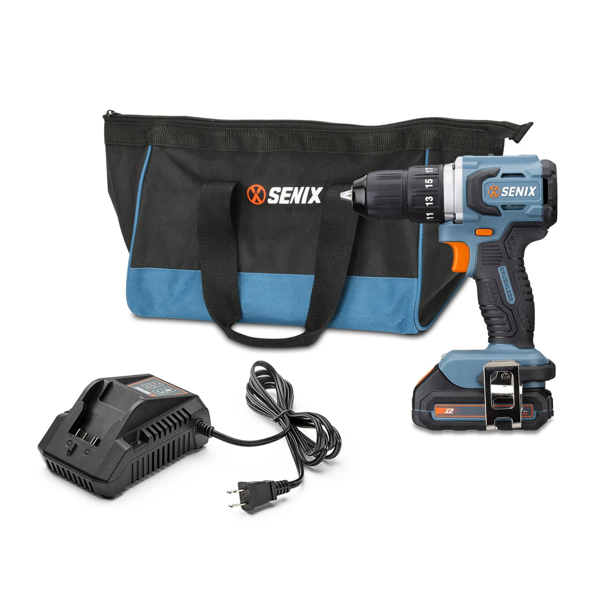 SENIX 20 Volt Max* Brushless 1/2-Inch Drill Driver, 45 Foot-Pounds of Max Torque, 2000 RPM Max, (Battery, Charger and Soft Bag Included) PDDX2-M2