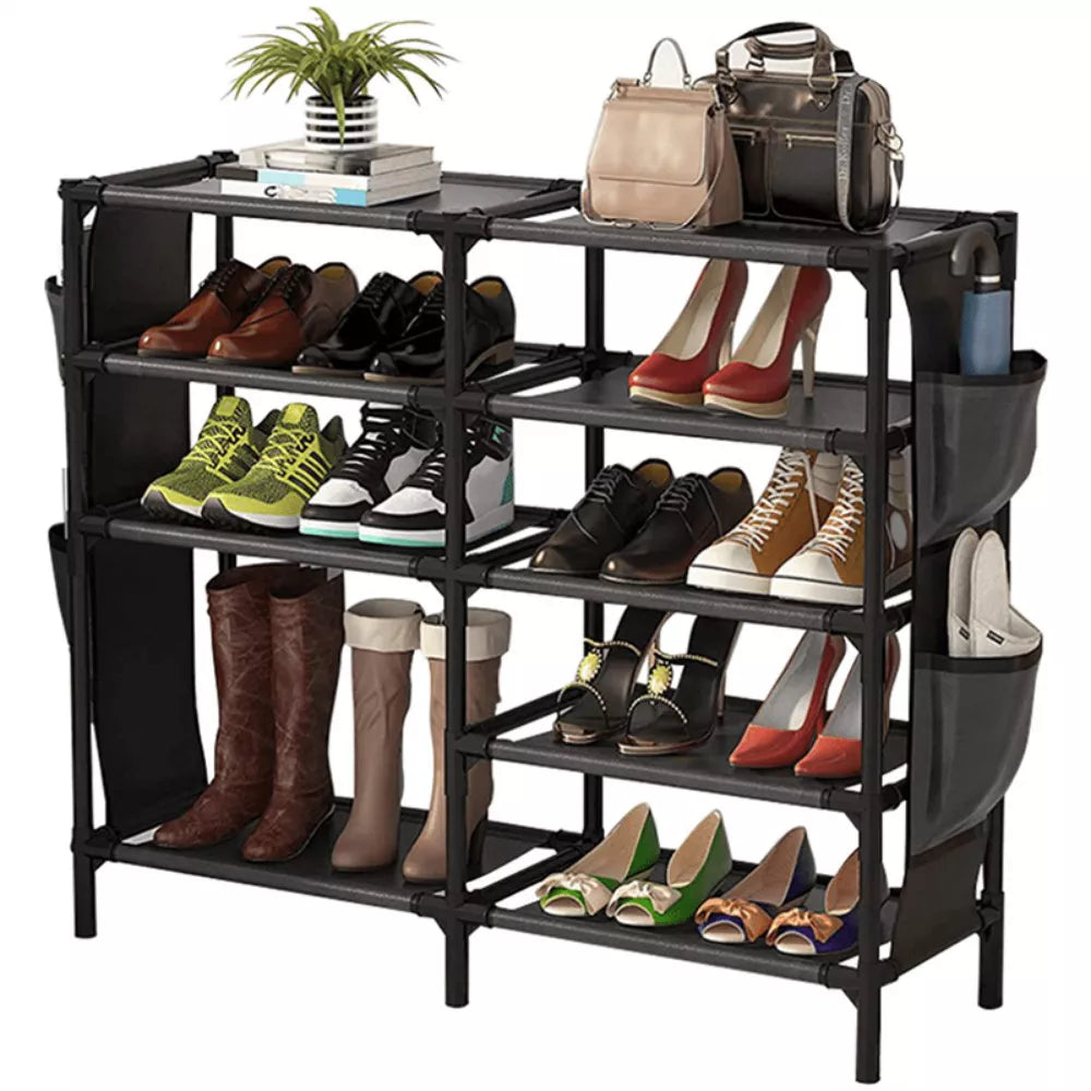 DOMETOUR Shoe Rack with Pockets, 5-Tier Shoe Boots Organizer Freestanding Shoe Shelf for Entryway Bedroom