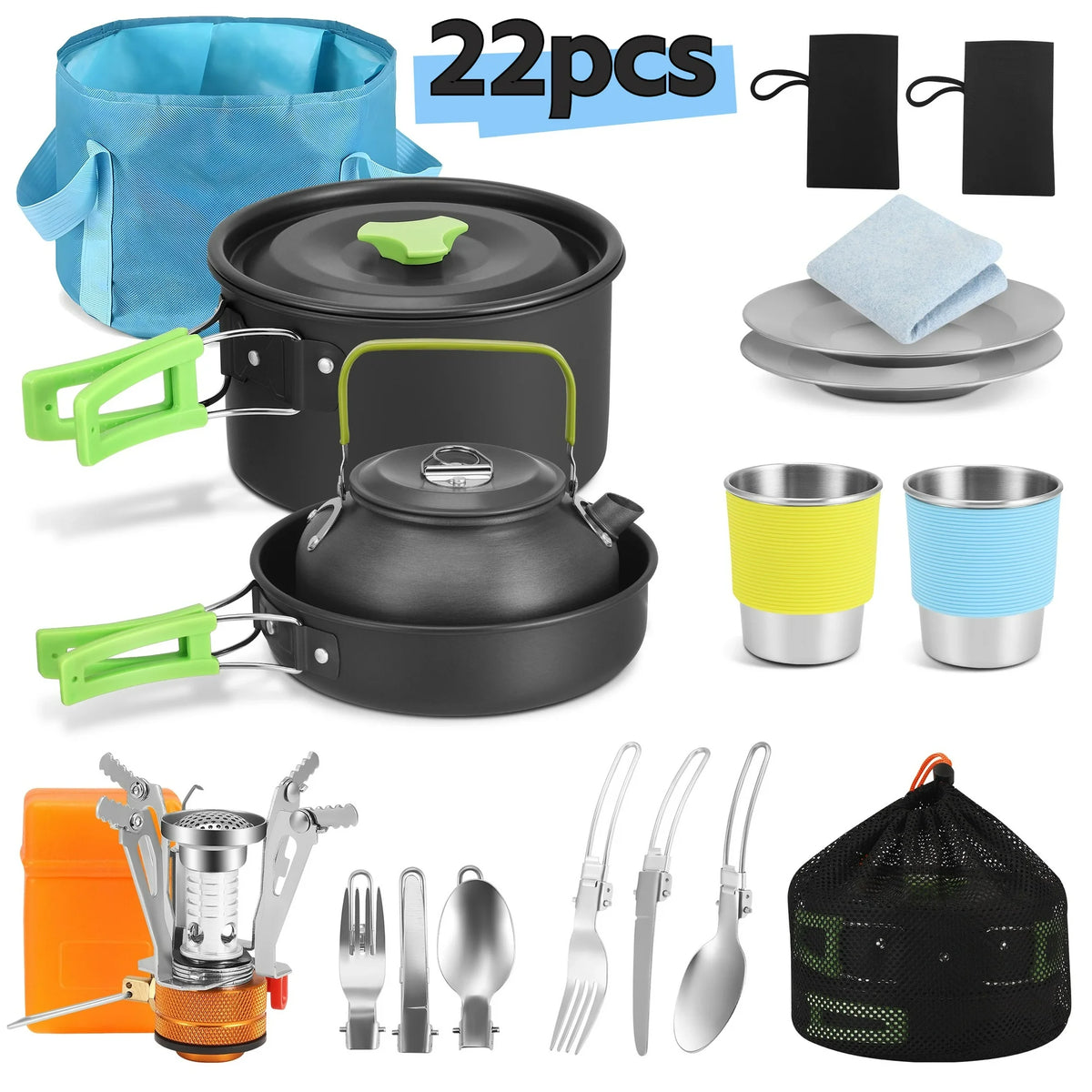 AMTPM 22pcs Camping Cookware Set, Camping Mess Kit with Folding Camping Stove Collapsible Bucket Aluminum Pot Pan for Outdoor Camping Hiking Backpacking Picnic