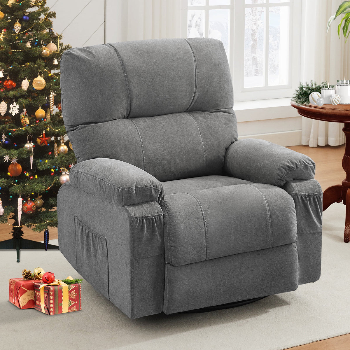 PAPROOS Swivel Rocking Recliner Chair, Linen Fabric Rocking Chair with Cup Holders and Side Pocket, 360 Degree Rotating Swing Recliner Sofa, Gray