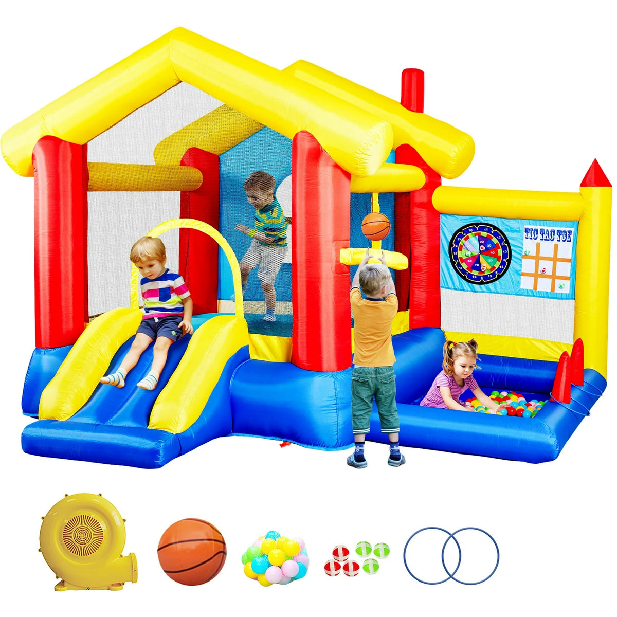 Bounce House with Air Blower for Kids, SEGMART Kids Outdoor Inflatable Bounce House with Basketball Rim for Toddlers, Kids Jumper Bounce House with Ball Pit, Inflatable Bouncer with Carrying Bag